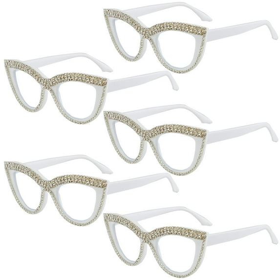 5 Pairs of Women Personalized Handmade Diamond White Cat Eye Reading Glasses 2.00 Ladies Anti-blue light Readers +2.00
