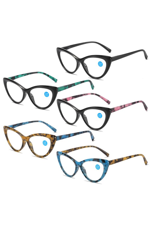 5 Pairs of Women Retro Cat Eye Reading Glasses 3.00 Ladies Anti Blue Light Spring Hinge Tortoiseshell Readers +3.0