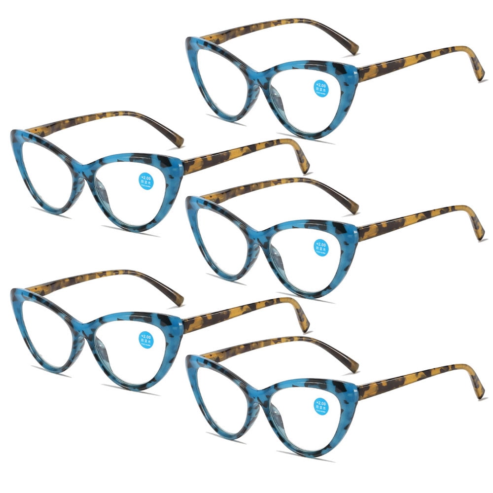 5 Pairs of Women Retro Cat Eye Reading Glasses 4.00 Ladies Anti Blue Light Spring Hinge Blue Brown Tortoiseshell Readers +4.0