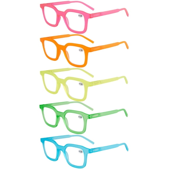 5 Pairs of Women Square Reading Glasses Men Oversized Clear Candy Color Fashion Classic Spring Hinges Readers HD +2.00