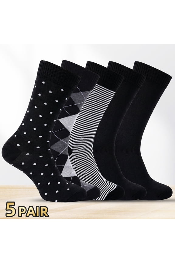 Men's Dress Socks 5-Pack, Black Argyle Striped Dotted Crew Socks, Breathable Business Casual Socks for Men