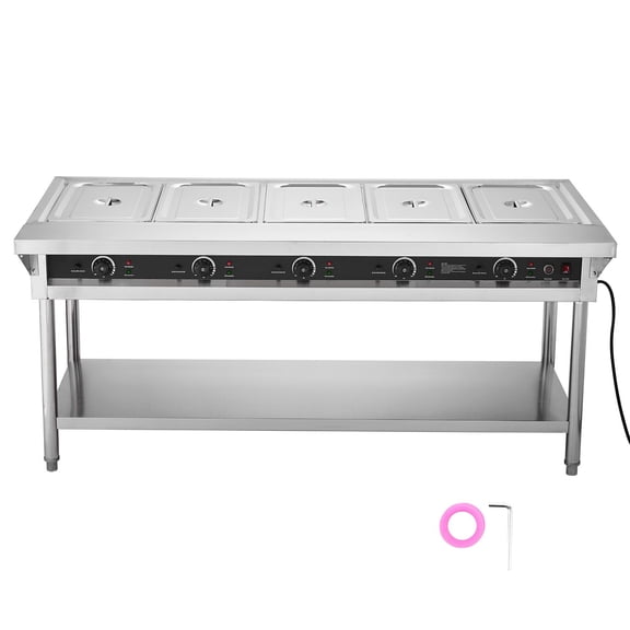 5-Pan Commercial Food Warmer Electric Steam Table, 750W x 5 Stainless Steel Buffet Catering Food Warmer with Independent Temperature Controls, Workspace and Undershelf for Restaurants