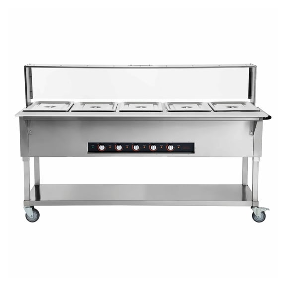 5-Pan Food Warmer 20.6QT Electric Buffet Table, 3750W Catering Server with Sneeze Guard, Stainless Steel, for Parties & Restaurants
