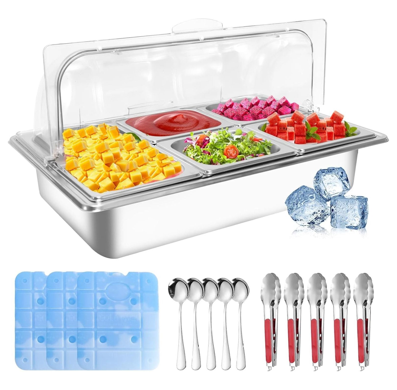 5 Pan Ice Food Serving Display Tray, Stainless Steel Salad Bar Buffet ...
