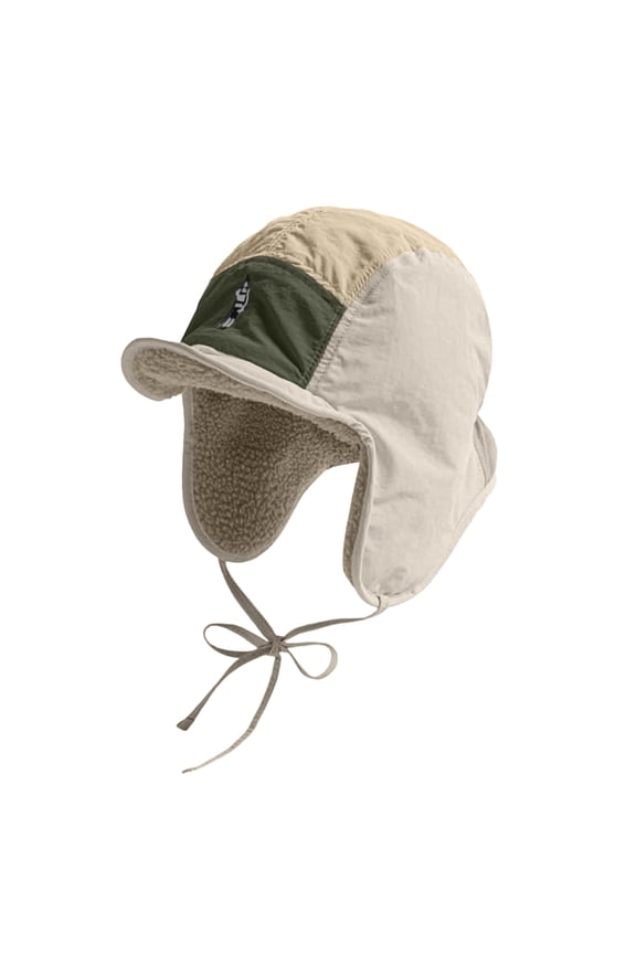 5-Panel Color Block Trapper Hat Windproof Sherpa Lined Aviator Winter Cap for Cycling and Outdoor Beige