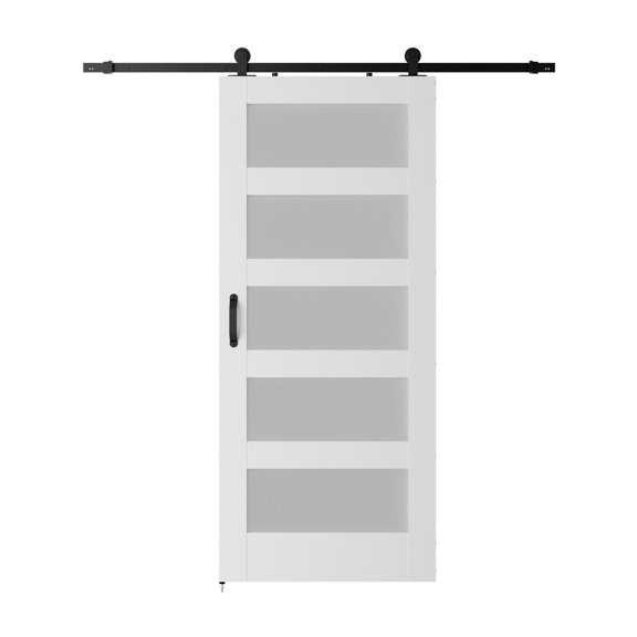 5-Panel Glass Barn Door With Sliding Door Hardware Kit & Handle, Wooden Solid MDF Core & Eco Water-Proof PVC Veneer, White ,Easy to Install
