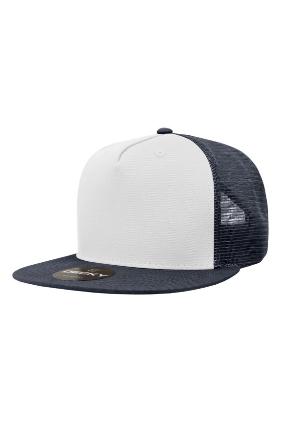 1040 5 Panel High Profile Structured Cotton Blend Trucker-Navy/White/Navy