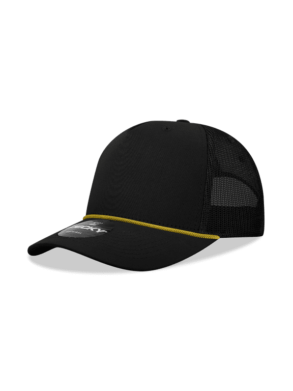 6040 5 Panel High Profile Structured Cotton/Poly Blend Trucker w/Rope-Black/Gold
