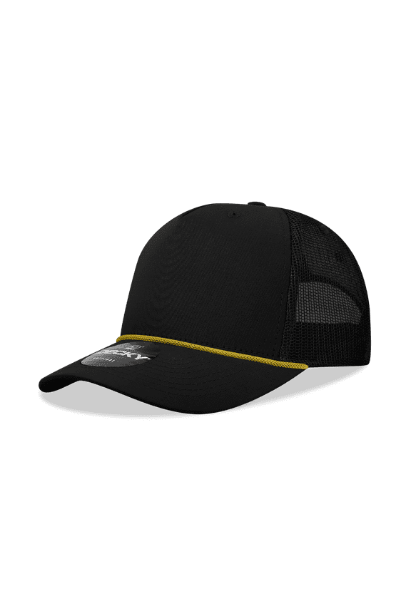 6040 5 Panel High Profile Structured Cotton/Poly Blend Trucker w/Rope-Black/Gold