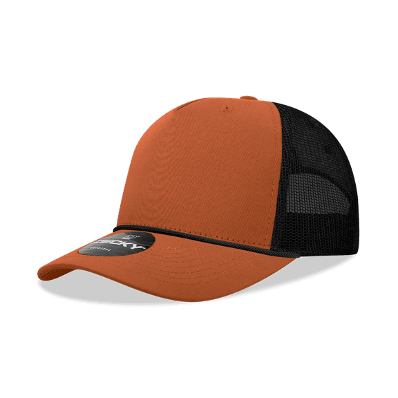 Decky 6040 5 Panel High Profile Structured Cotton/Poly Blend Trucker w/Rope-Black/Burnt Orange/Black