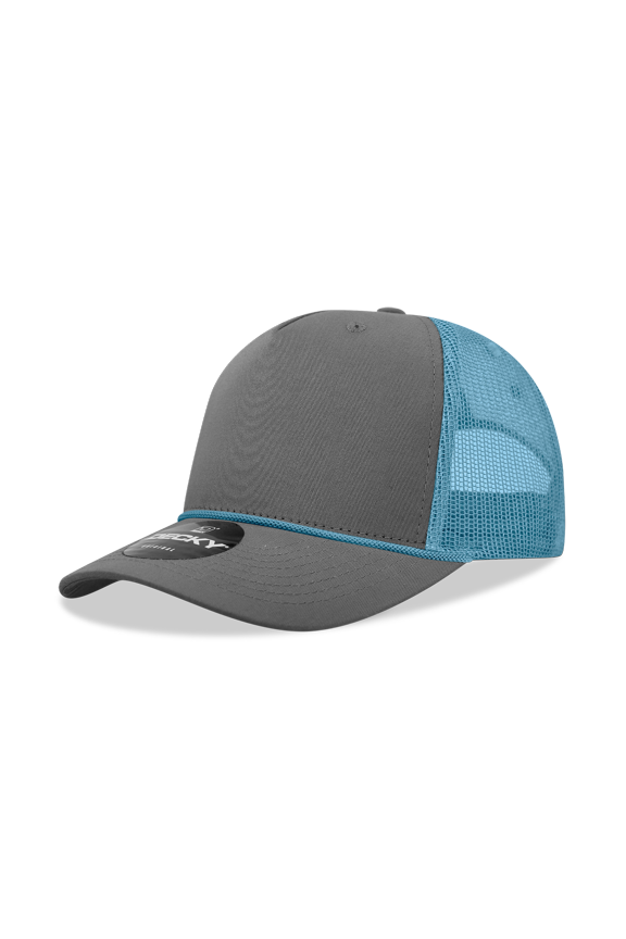 6040 5 Panel High Profile Structured Cotton/Poly Blend Trucker w/Rope-Charcoal/SKY