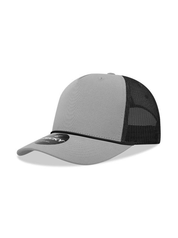 6040 5 Panel High Profile Structured Cotton/Poly Blend Trucker w/Rope-Grey/Black