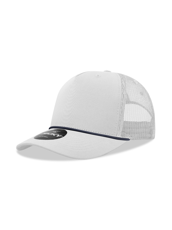 6040 5 Panel High Profile Structured Cotton/Poly Blend Trucker w/Rope-White/Navy