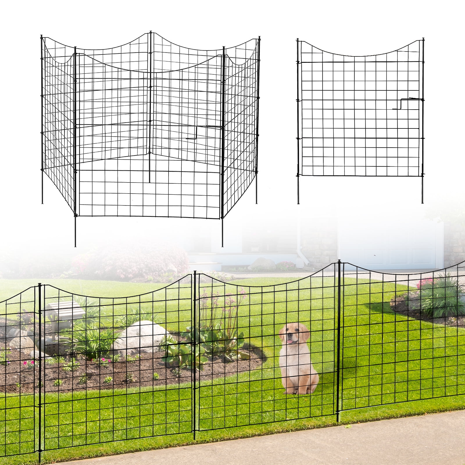 5-Panel Metal Decorative Garden Fence with Gate, Rustproof & Weather Resistant, No-Dig Installation, for Flower Beds, Lawns, Patios, Pet Barrier, 4 Panels 36"(L)×39"(H)+1 Gate