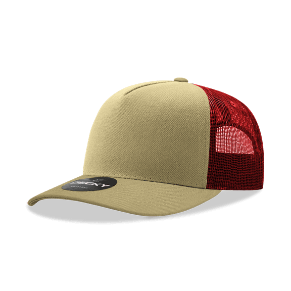 Decky 6030 5 Panel Mid Profile Structured Cotton Blend Trucker-Khaki/Cardinal
