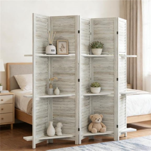 5 Panel Privacy Screen Bedroom Divider with Storage Rack Distressed White