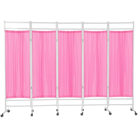 5-Panel Rolling Medical Room Divider 98" W x 71" H Foldable Medical Privacy Screen Pink Portable Temporary Wall Divider with 12 Wheels & Brakes for Hospital Clinic Ward