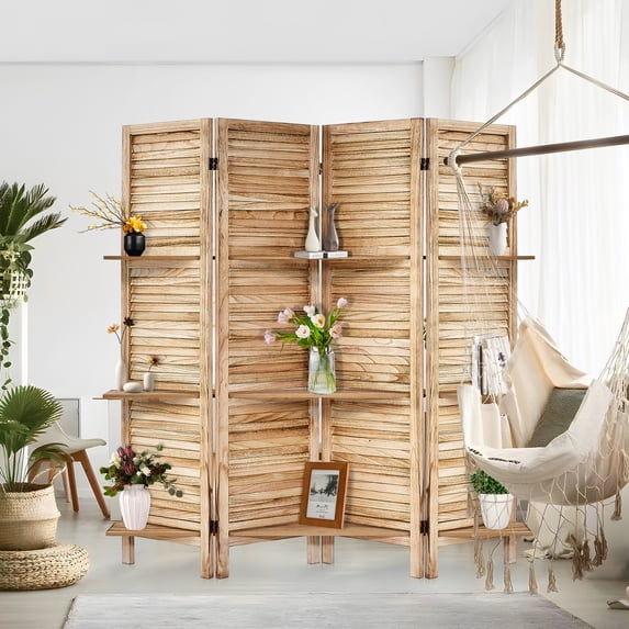 5-Panel Room Divider with Shelves,5.6ft Tall Folding Privacy Screen Panels, Room Divider Wall Divider for Room Separation, Room Divider Shelves,Effectively Block Sight,Natural