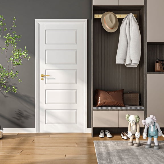 24" x 80" 5 Paneled White Primed Solid Core Wood Slab Door