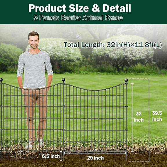 5 Panels Decorative Garden Fence with Gate, 32 in(H) X 12 ft(L) No Dig Dog Fence Animal Barrier Outdoor for Yard, Rustproof Metal Garden Edging and Borders, Temporary Fencing Stakes