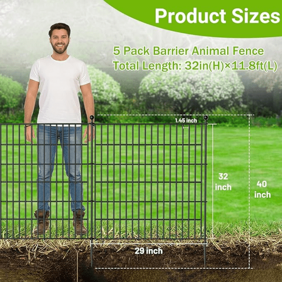 5 Panels No Dig Decorative Outdoor Garden Fence for Yard, 32 in(H) X 11.8 ft(L) Animal Barrier Fencing Rustproof Metal Wire Panel Border for Dog, Rabbits, and Patio Temporary Ground Stakes