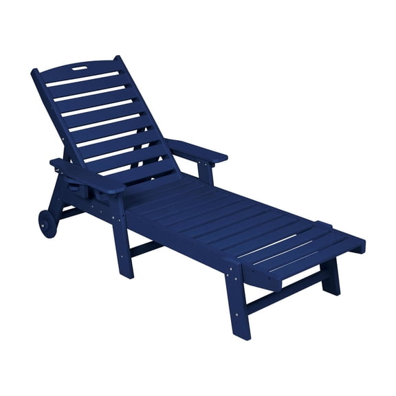 5 Patio Lounge Chair In Navy Blue With Cup Holder, Wheels For Pool, Deck, Outdoor Outdoor, 5 Positions, Poolside