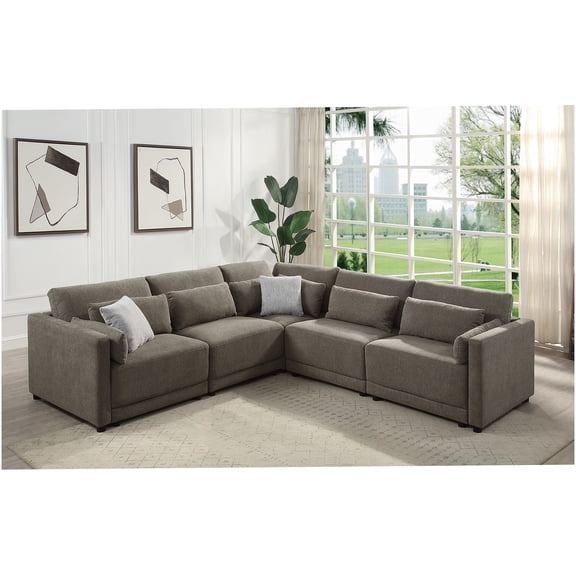 5-Pc Brown Linen Sectional Sofa with Corner Chair, Modular Farmhouse Couch Set with Toss Pillows