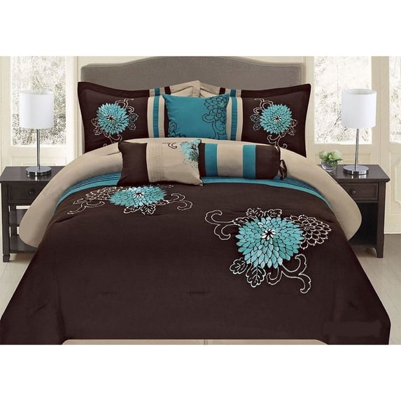 5 Pc Brown, Teal and Taupe Floral Striped Design Twin Size Comforter set, by Legacy Decor