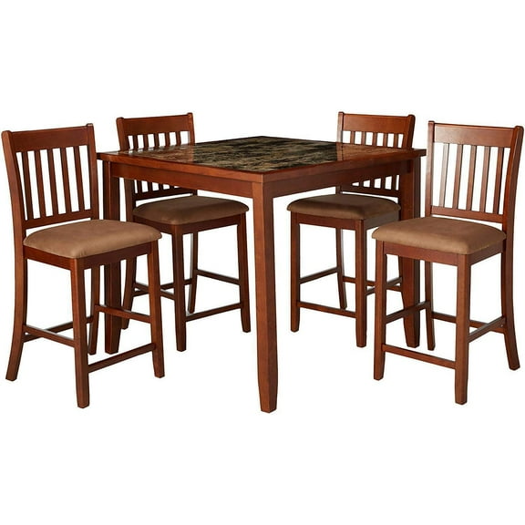 5 Pc Cherry Counter Height Dining Set With Faux Marble Top