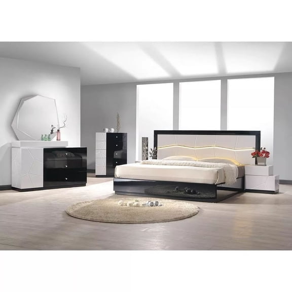5 Pc Eastern King Size Bedroom Set, Modern Lacquer Finish LED Lighting Bedroom Furniture Set, Black/White