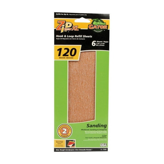 5 Pc, Gator Zip Xl 9-1/2 In. L X 3-1/2 In. W 120 Grit Aluminum Oxide Sanding Sheet 6 Pk