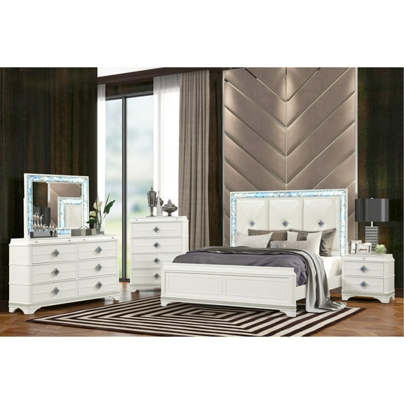 5 Pc King Bedroom In White - Stylish With Wood, Crystal Details, And Integrated Led Lighting Elegant 5 Upholstered, Crystal, Illuminated