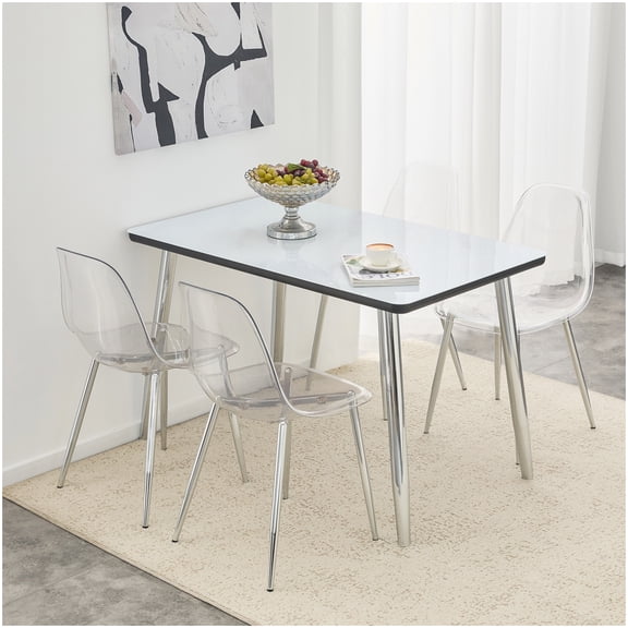 5-Pc Kitchen Dining Set, White Faux Marble Glass Table & 4 See-Through Chairs