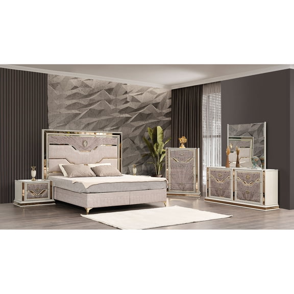 5 Pc Queen Bedroom In Beige - Modern Style Dresser & Chest Suite With Mirror And Drawers