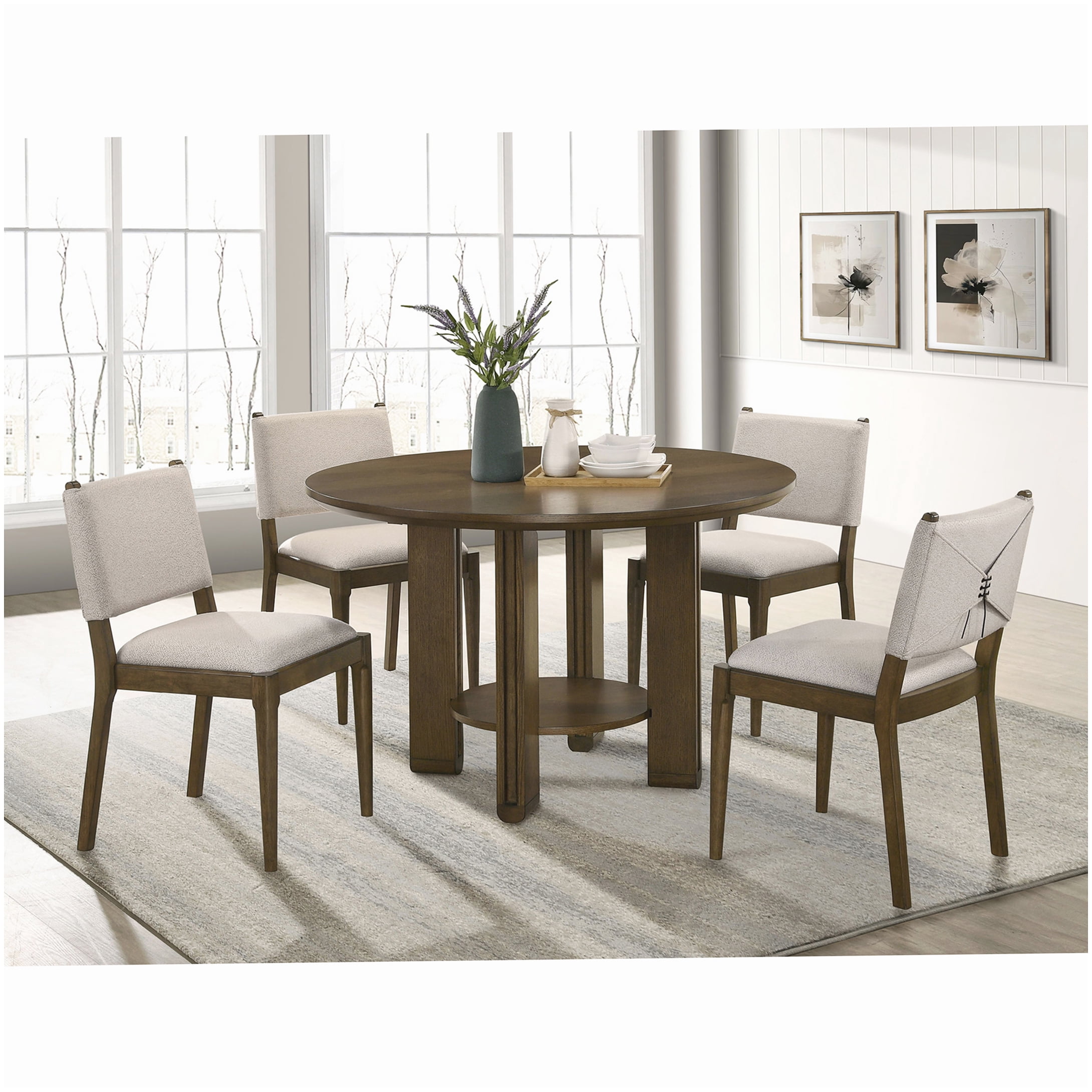 5-Pc Round Dining Room Set, Brown Wood Table &amp; Ivory Upholstered Chairs ...