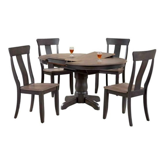 5-Pc Round Panel Wood Dining Set in Gray/Black Stone