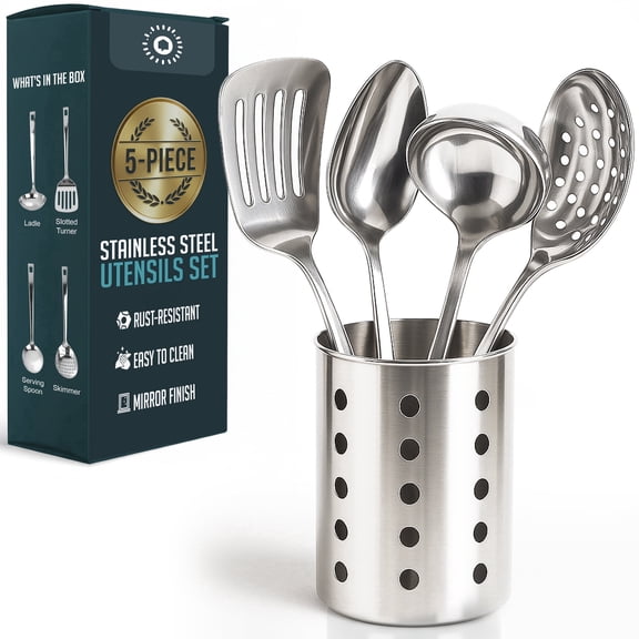 Luminuxe 5 PcStainlessSteelCookingUtensilSetwithHolderIncludesSpatula,Ladle, Skimmer & Serving Spoon, and Countertop Holder