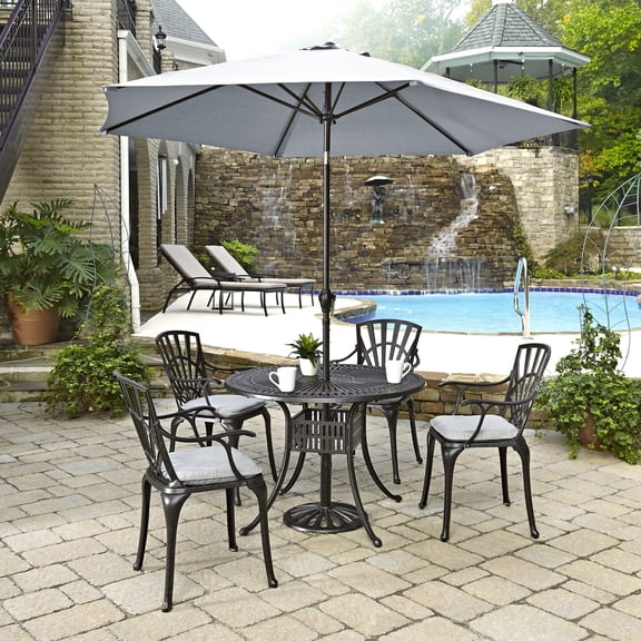 Home Styles Largo 5PC Dining Set w/ Umbrella and Cushions-Chair Option:4 Arm Chairs
