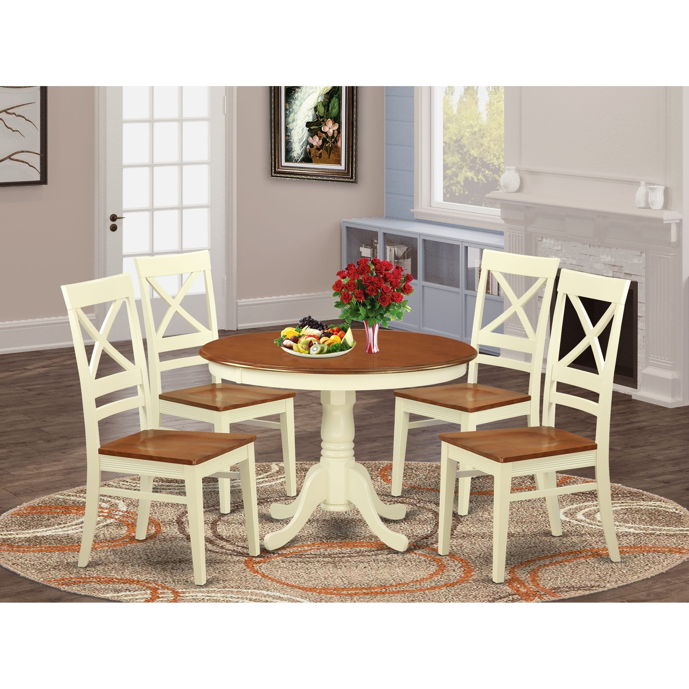 5 Pc set with a Round Table and 4 Leather Kitchen Chairs in Buttermilk ...