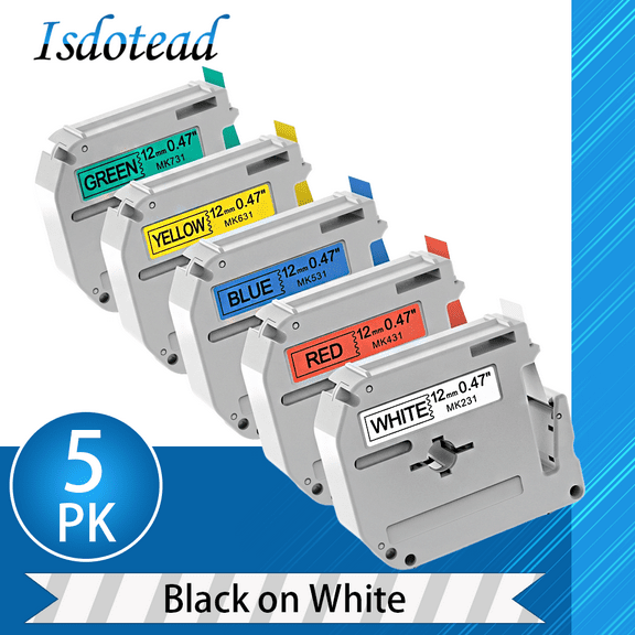 5 Pcak Compatible M Tape Replacement for Brother P Touch M-K231 M-K431 M-K531 M-K631 M-K731 12mm Label Tape,White/Clear/Red/Blue/Yellow/Green