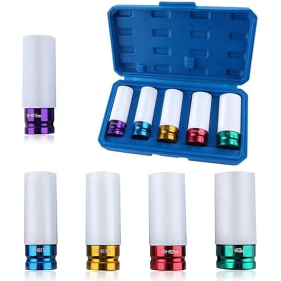 5 Pcs 1/2 Inch Drive Deep Impact Socket Set Metric, Non-Marring Protective Wheel Lug Nut Impact Socket, Thin Wall Deep Impact Socket Set 6 Point, 15mm, 17mm, 19mm, 21mm, 22mm, CR-MO