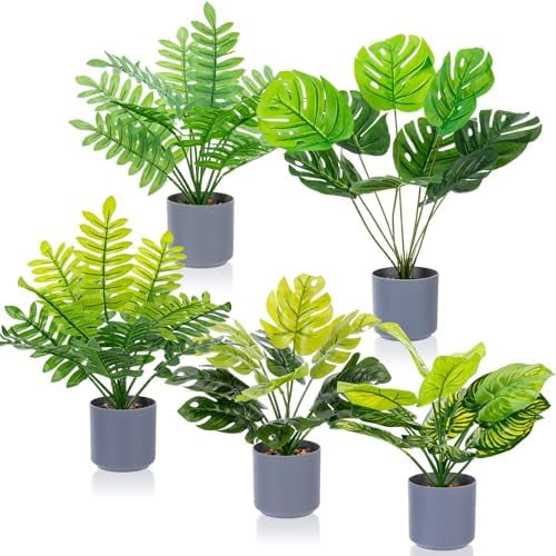 5 Pcs 11 inch Artificial Potted Tropical Plants Indoor Small Faux Monstera Plant in White Pebbles Pots Fake Greenery Table Centerpiece for Home Living Room Kitchen Office Shelf Bedroom Desk