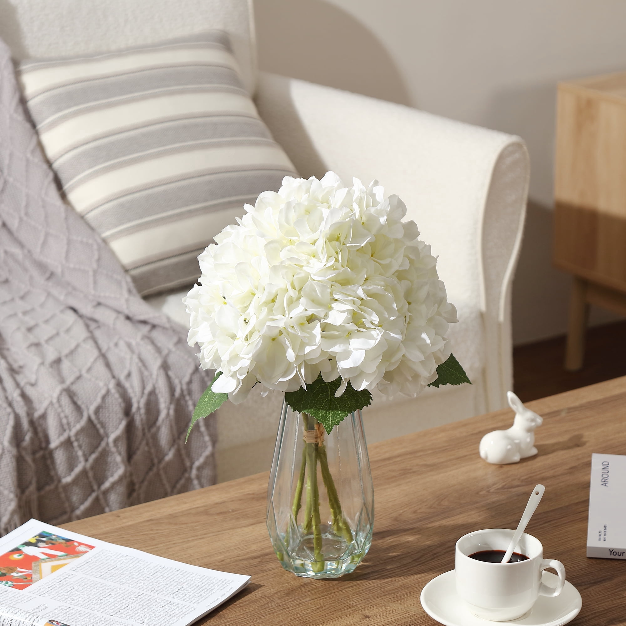 5 Pcs 16" Realistic Artificial Hydrangea with Glass Vase, Large Real Touch Flowers Artificial Flowers Dry Flowers Outdoor Wedding Christmas Office Family Party Living Room Table Decoration (White)
