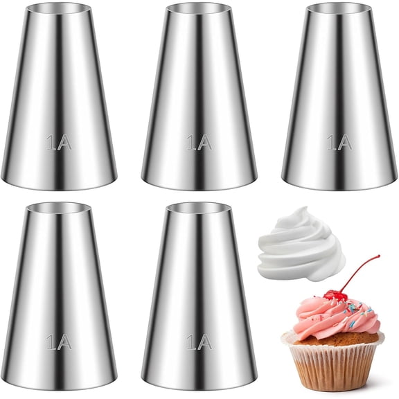 5 Pcs 1A Macaron Piping Tip Piping Tip Set Large 1A Round Pipings Tips Professional Cake Decorating Stainless Steel Icing Tips for Cake Decorating, Macarons, Cupcakes, Cakes, Cookies (1/2 inch)