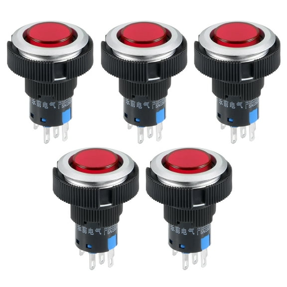 5 Pcs 22mm Momentary Push Button Switch Red  Light With Fixed Ring 1 NO 1 NC