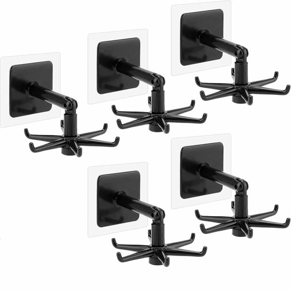 5 Pcs 360 Degrees Rotating Folding Self Adhesive Hook With 6 Hooks,for Kitchen ,Bathroom And More(Black)