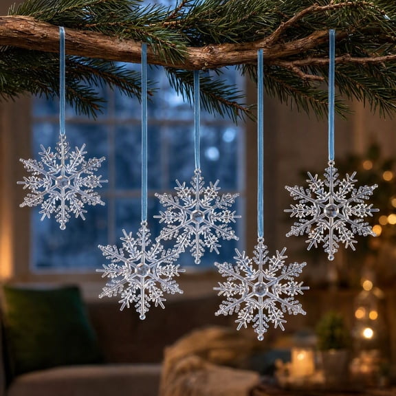 5 Pcs 4 Inch Crystal Snowflake Ornaments, Xmas Tree Decor, Silver Rhinestone Snowflake Ornaments, Diamond Hanging Pendant, Christmas Keepsake Gifts for Crafts Window Wedding Home