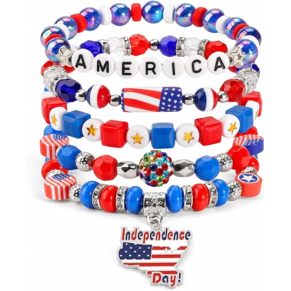 5 Pcs 4th of July Bracelets for Women, Patriotic Stackable Beaded Bracelets Red White Blue USA Flag Set with American Flag Beads & Star Accents, Independence Day Jewelry Party Favors, Elastic Stretch