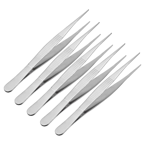 Unique Bargains 5Pcs 5 inch Stainless Steel Straight Pointed Tweezers with Serrated Tip