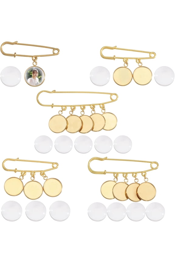 5 Pcs 5 Style Wedding Bouquet Photo Charm Bouquet Photo Pendant Steel Glass Flat Round for Wedding Shower Bride Party Decor Golden Clear DIY